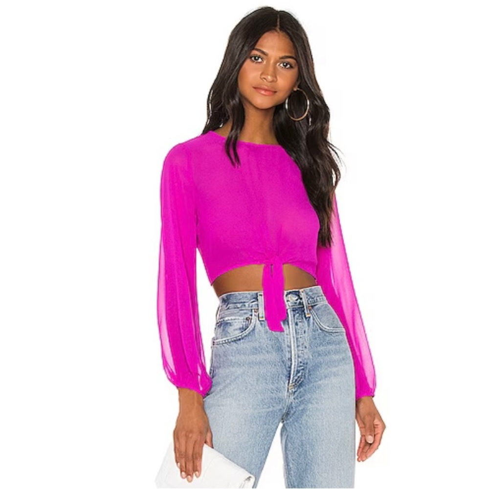 Hot pink crop top sheer blouse with a small tie from Revolve. New with tags.